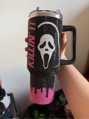 Scream Mask Rhinestone Tumbler - Black & Pink